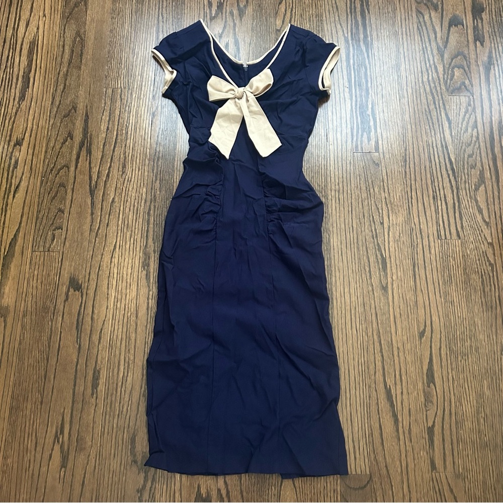 navy and cream bow dress